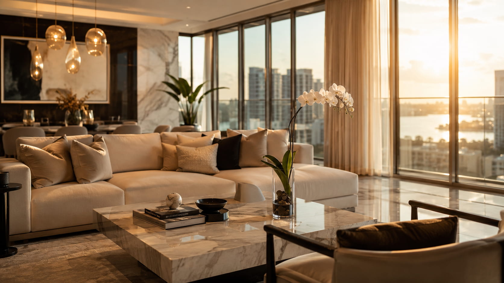 A luxuriously clean Lagos living room in golden afternoon light